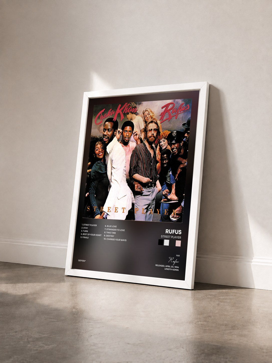 #blanc Tableau de l'album Street Player de Rufus vu de trois quarts, cadre blanc