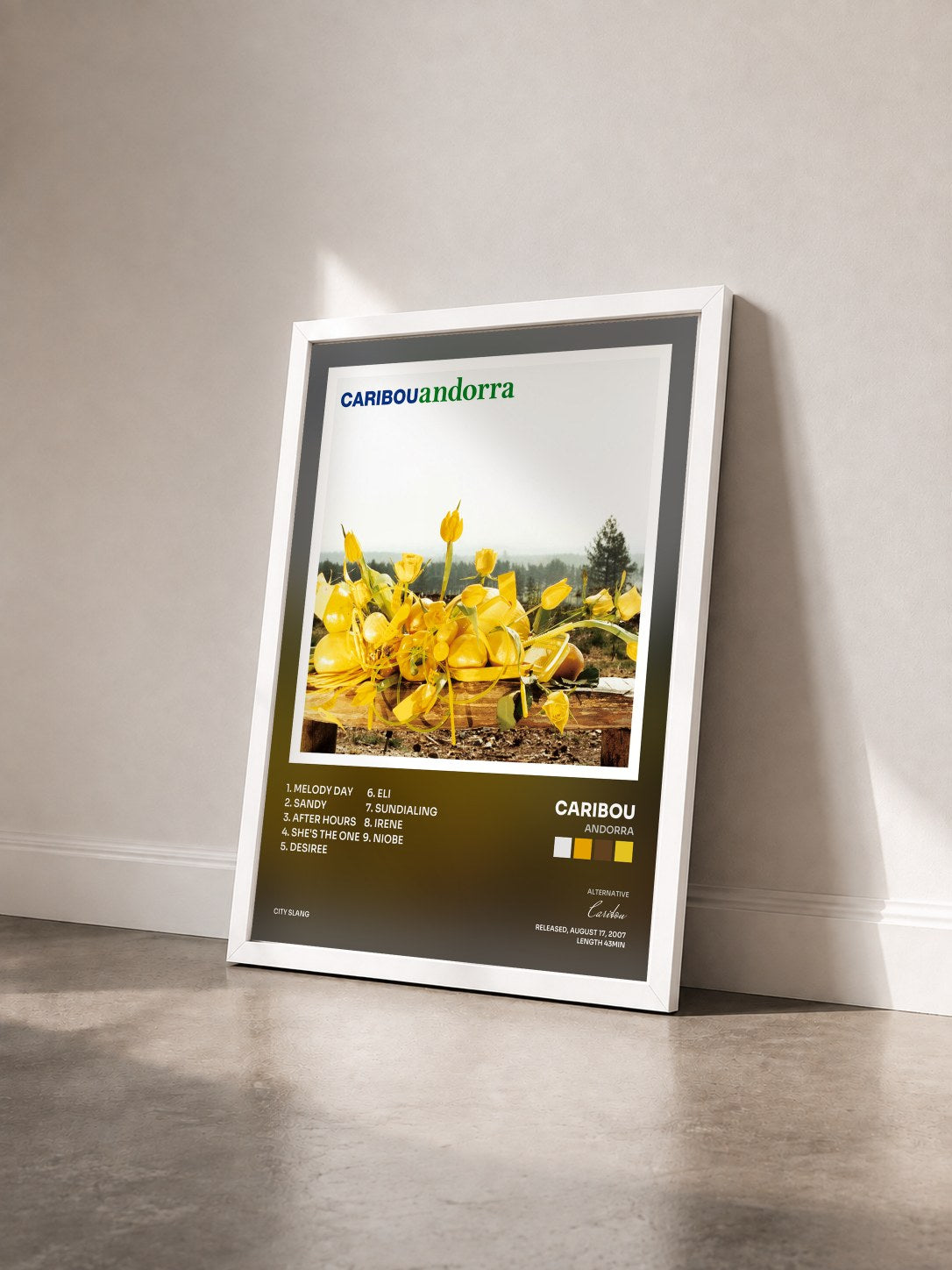 #blanc Tableau de l'album Andorra de Caribou vu de trois quarts, cadre blanc