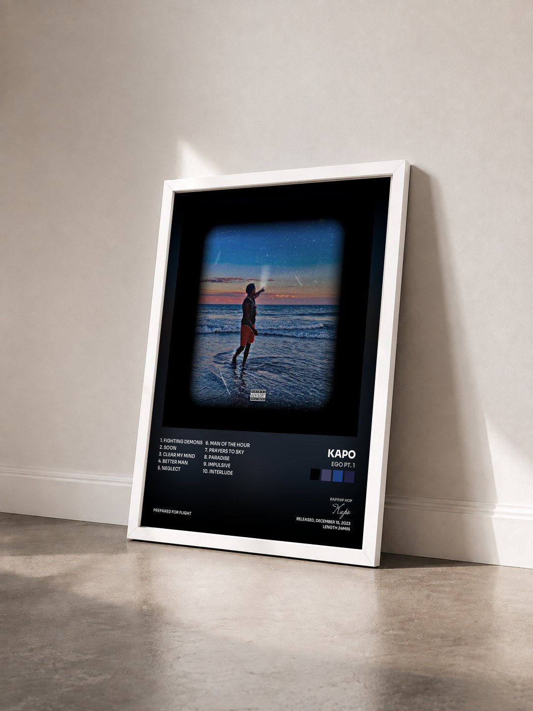 #blanc Tableau de l'album EGO Pt. 1 de Kapo vu de trois quarts, cadre blanc