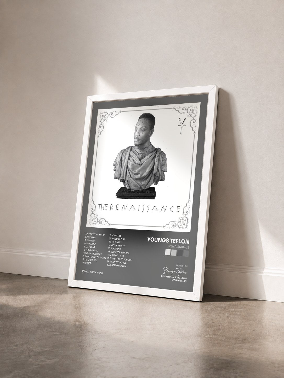 #blanc Tableau de l'album Renaissance de Youngs Teflon vu de trois quarts, cadre blanc
