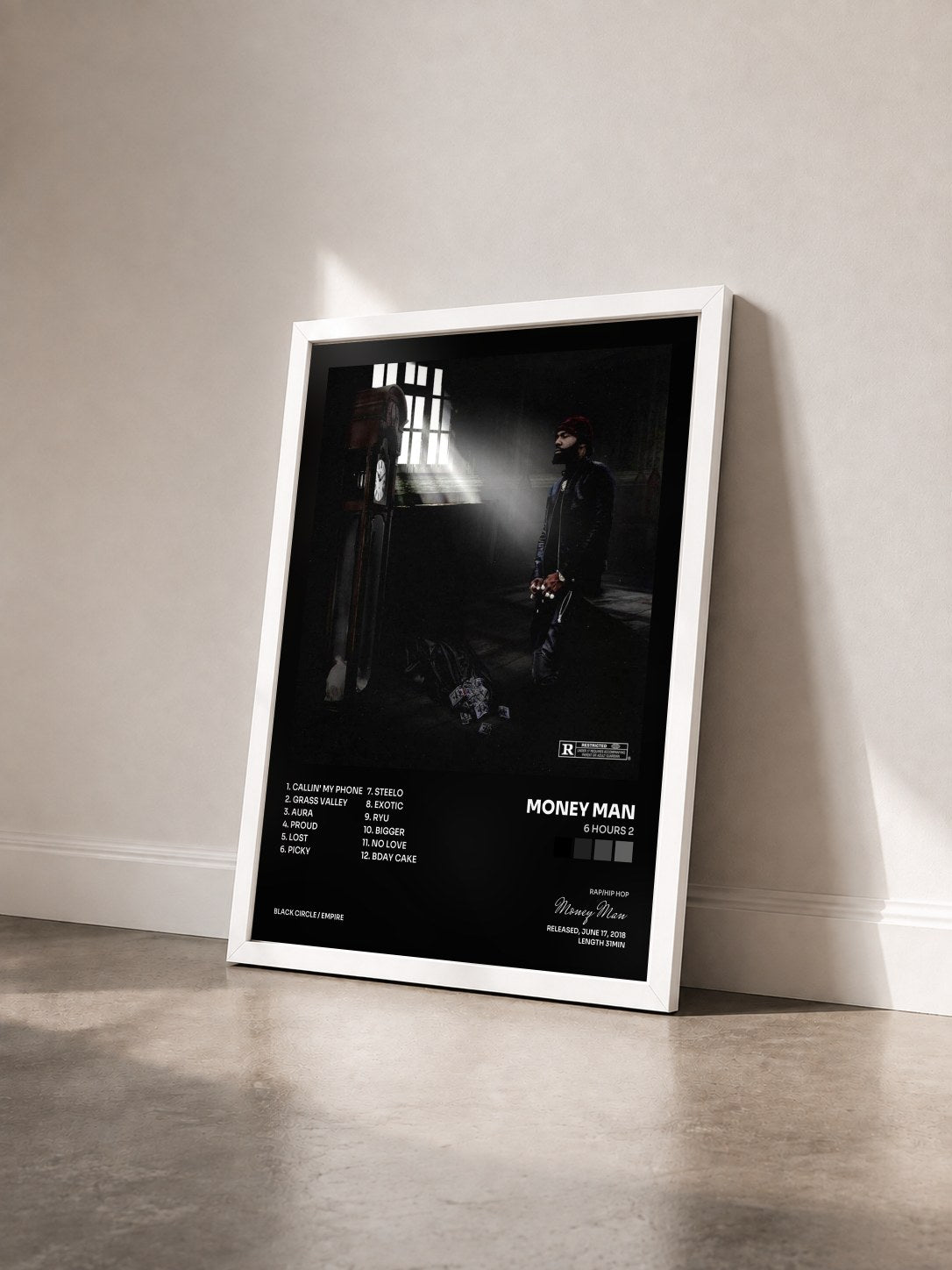 #blanc Tableau de l'album 6 Hours 2 de Money Man vu de trois quarts, cadre blanc