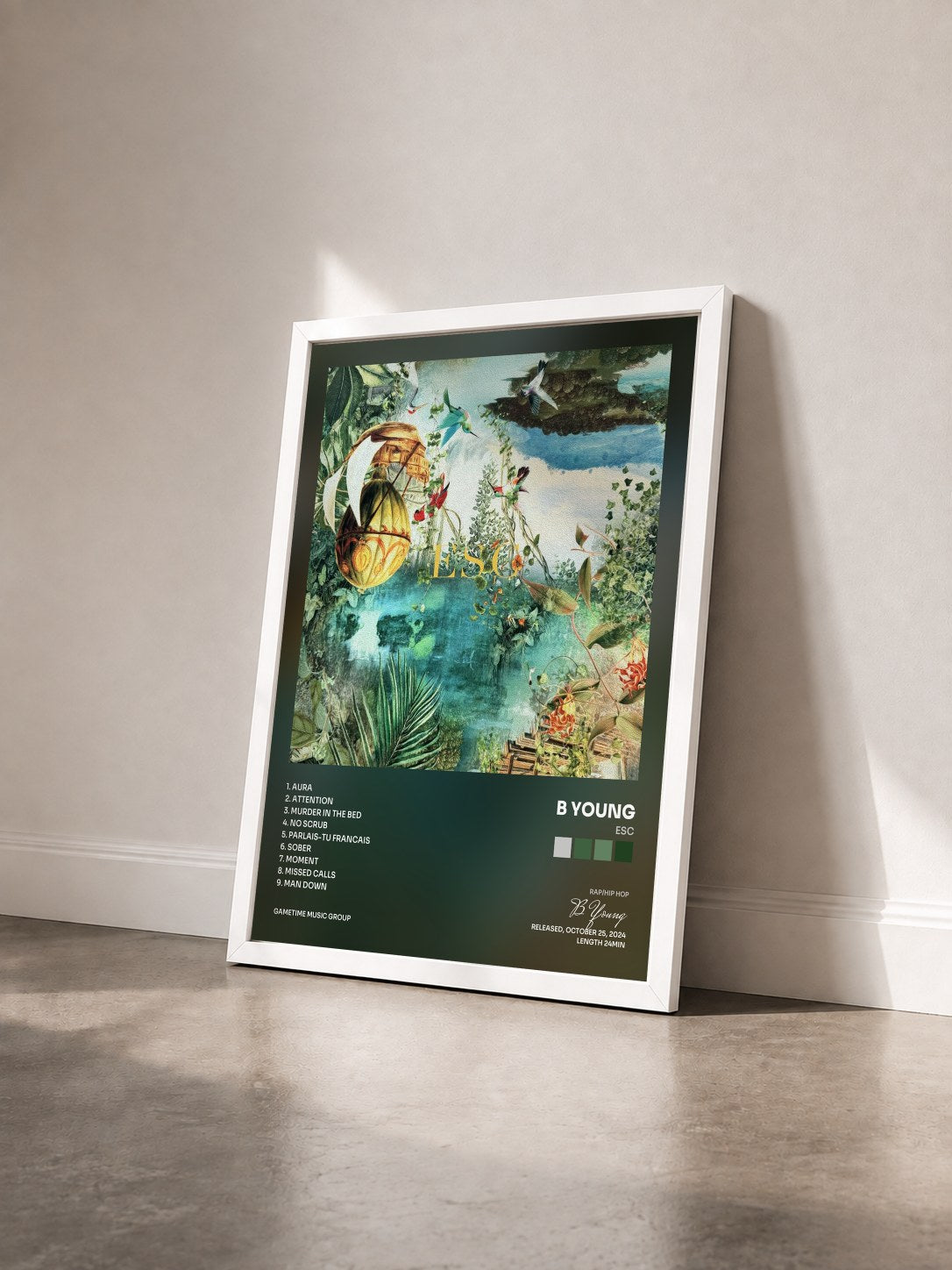 #blanc Tableau de l'album ESC de B Young vu de trois quarts, cadre blanc