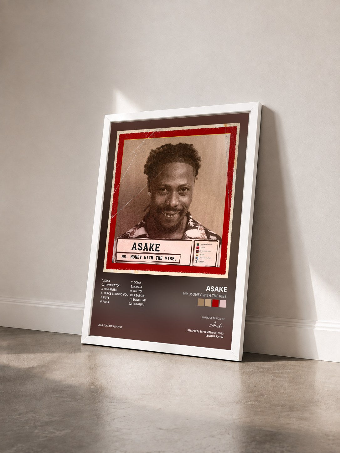 #blanc Tableau de l'album Mr. Money With The Vibe de Asake vu de trois quarts, cadre blanc