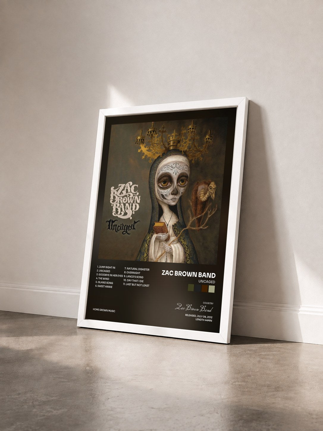 #blanc Tableau de l'album Uncaged de Zac Brown Band vu de trois quarts, cadre blanc