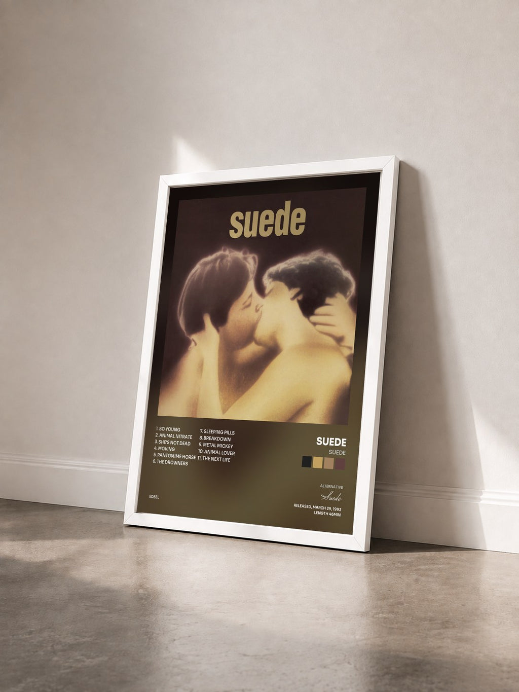 #blanc Tableau de l'album Suede de Suede vu de trois quarts, cadre blanc