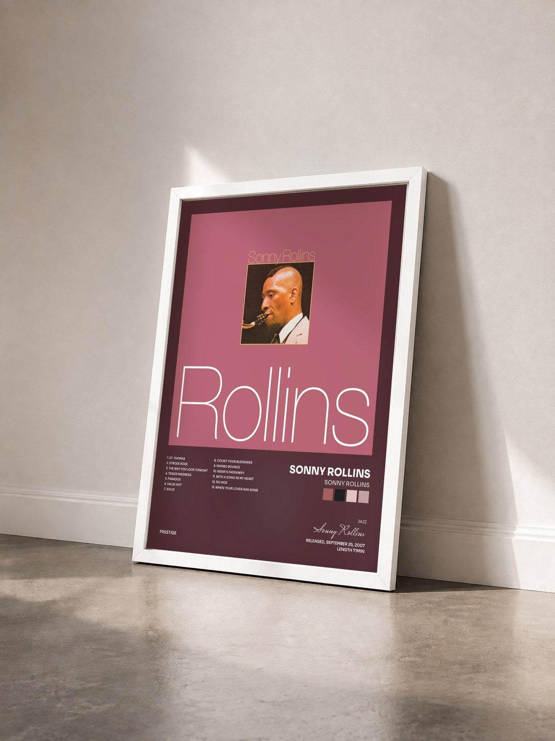 #blanc Tableau de l'album Sonny Rollins de Sonny Rollins vu de trois quarts, cadre blanc