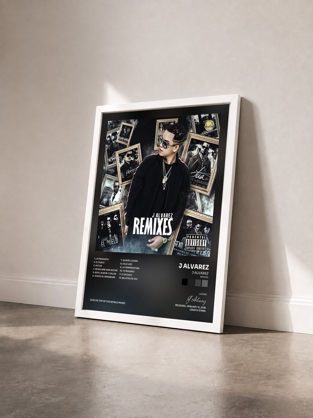 #blanc Tableau de l'album J Alvarez (Remixes) de J Alvarez vu de trois quarts, cadre blanc