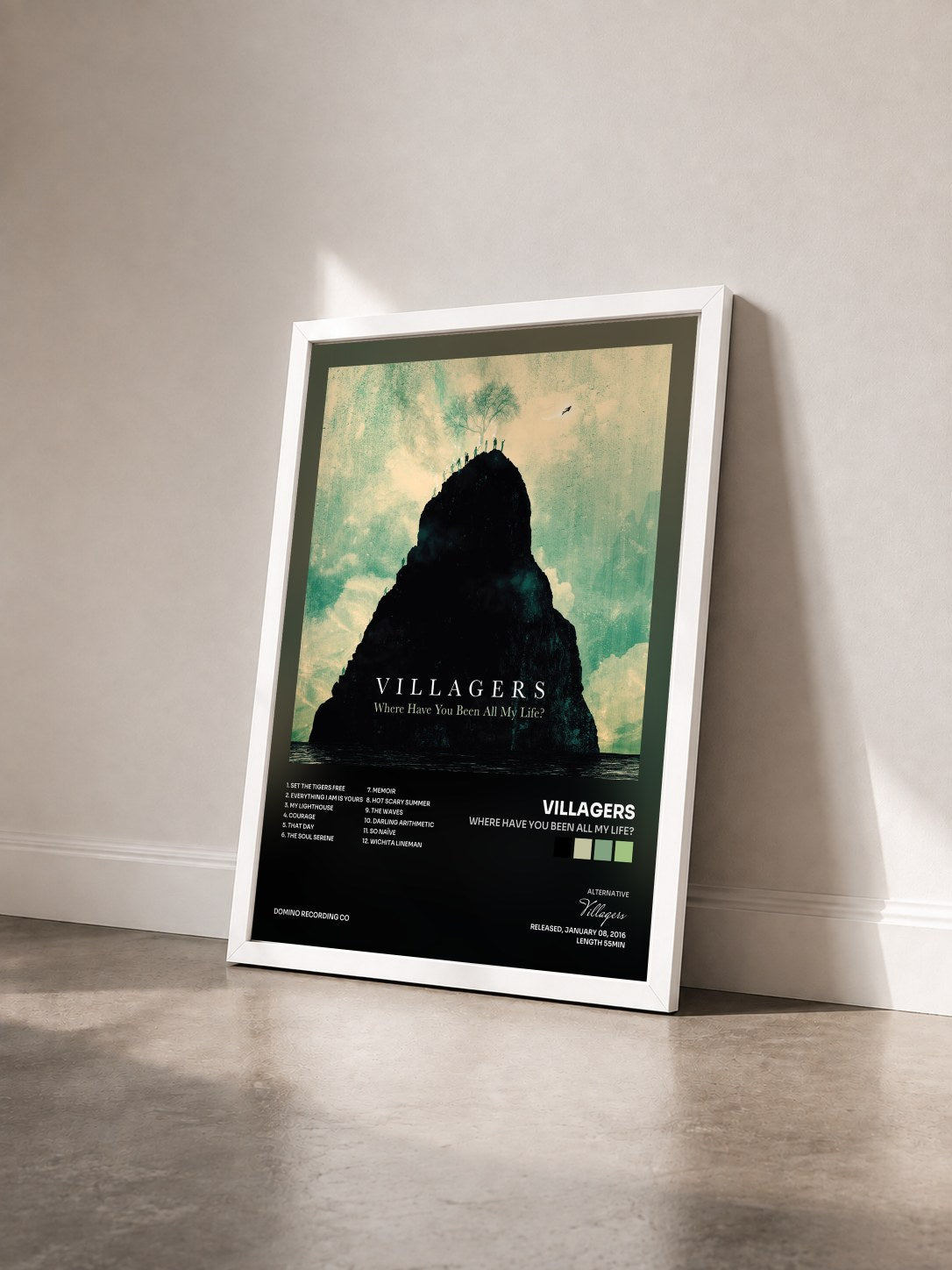 #blanc Tableau de l'album Where Have You Been All My Life? de Villagers vu de trois quarts, cadre blanc