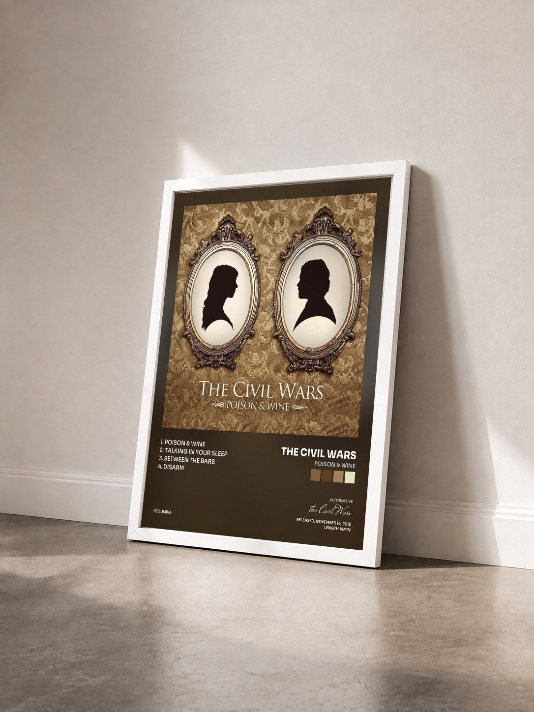 #blanc Tableau de l'album Poison & Wine de the Civil Wars vu de trois quarts, cadre blanc