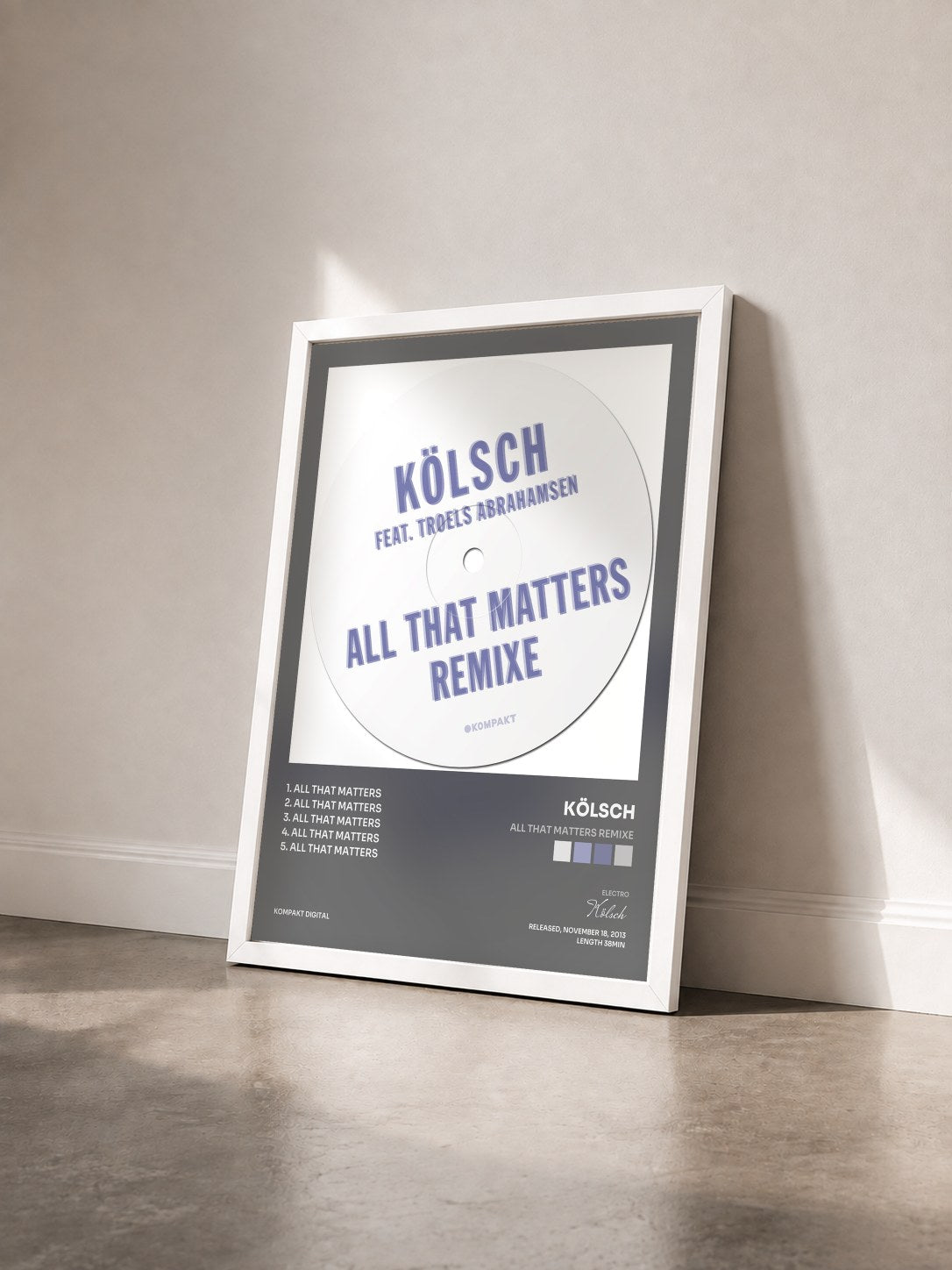 #blanc Tableau de l'album All That Matters Remixe de Kölsch vu de trois quarts, cadre blanc