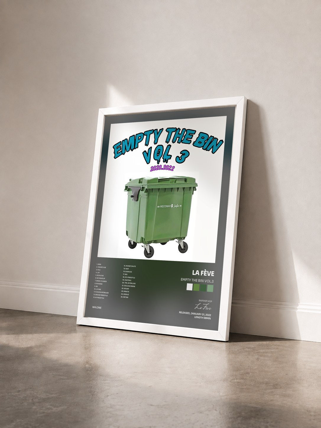 #blanc Tableau de l'album EMPTY THE BIN VOL.3 de La Fève vu de trois quarts, cadre blanc