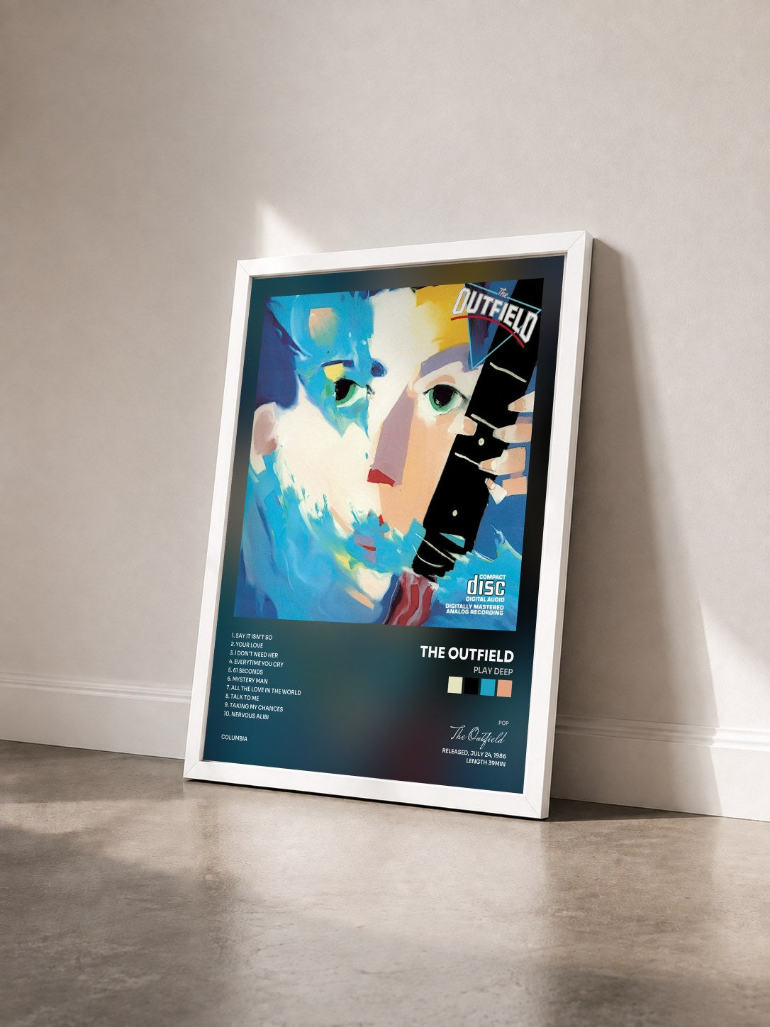 #blanc Tableau de l'album Play Deep de The Outfield vu de trois quarts, cadre blanc