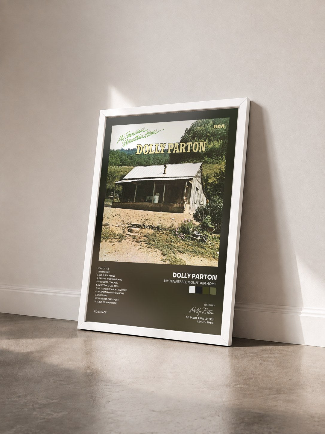 #blanc Tableau de l'album My Tennessee Mountain Home de Dolly Parton vu de trois quarts, cadre blanc