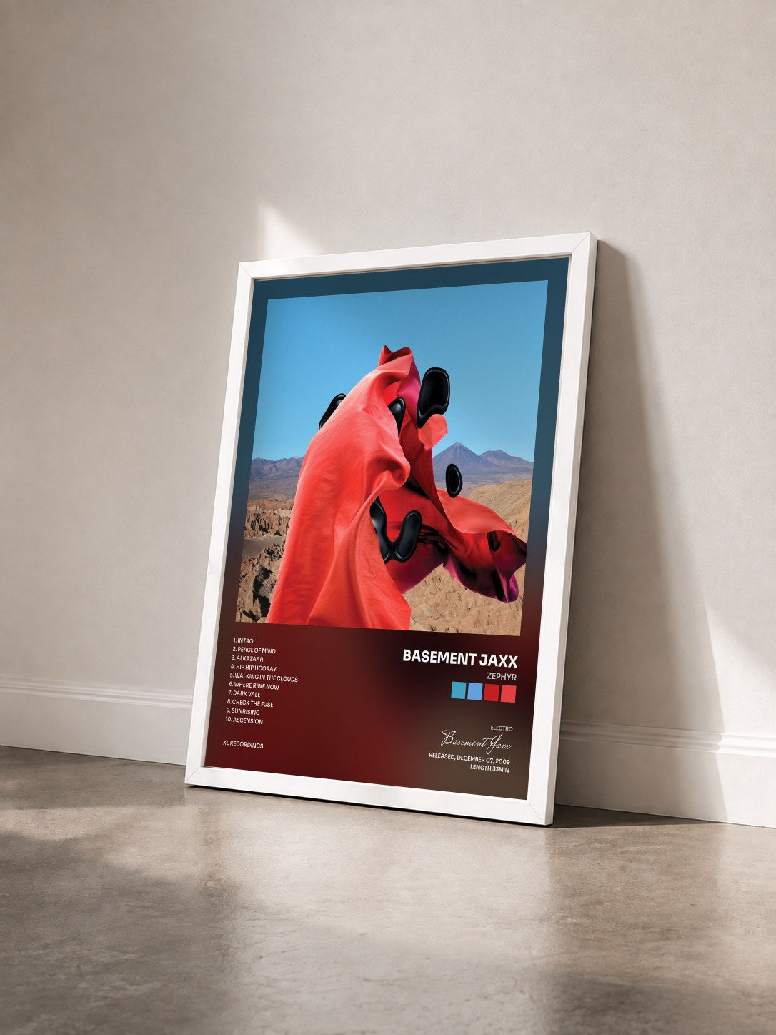 #blanc Tableau de l'album Zephyr de Basement Jaxx vu de trois quarts, cadre blanc