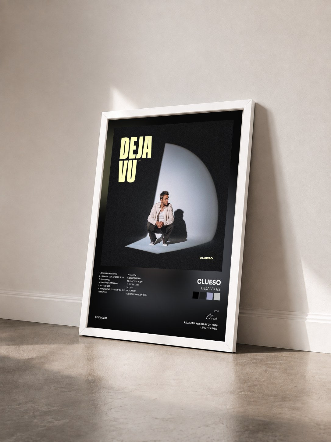 #blanc Tableau de l'album Deja Vu 1/2 de Clueso vu de trois quarts, cadre blanc
