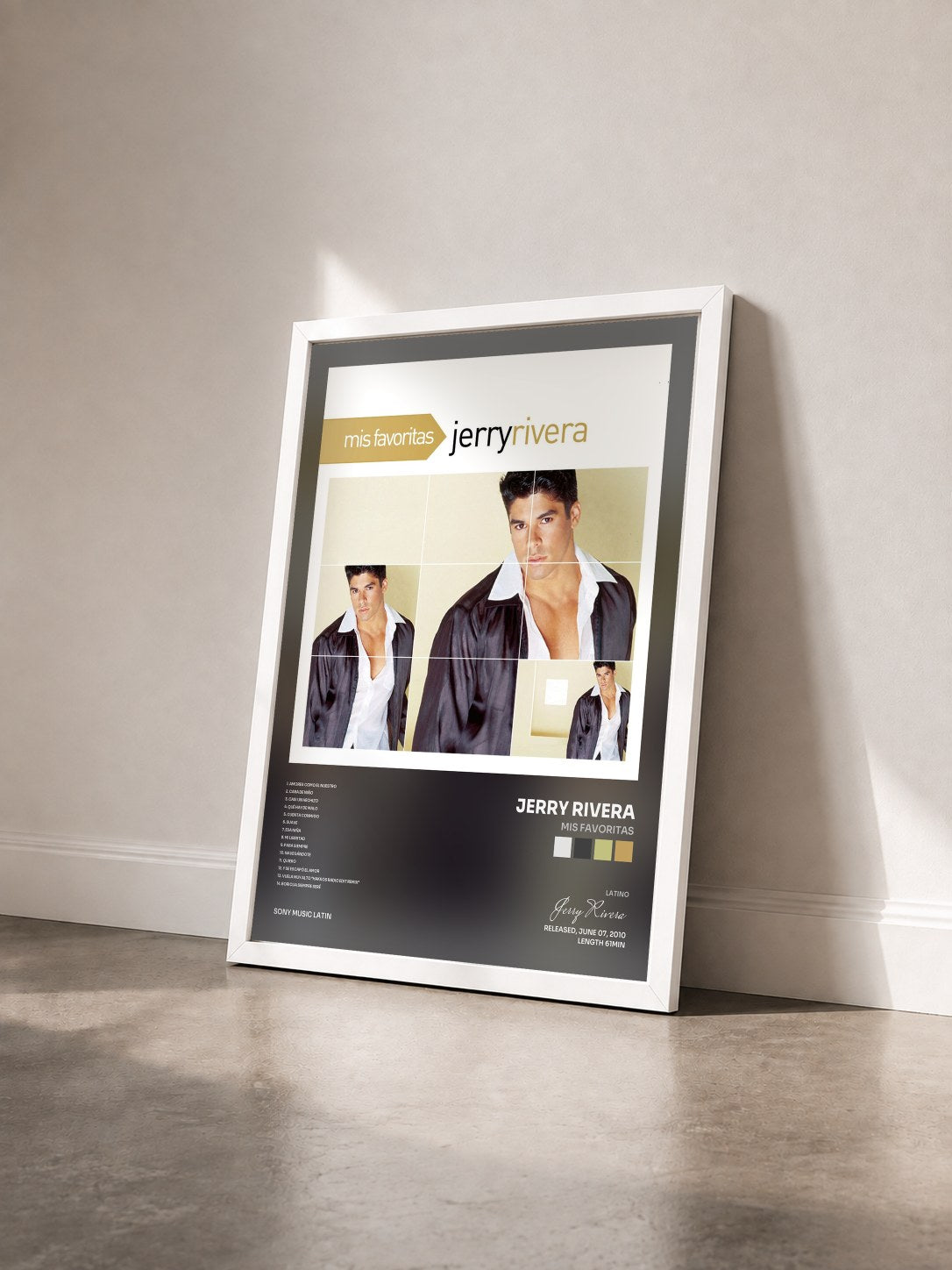 #blanc Tableau de l'album Mis Favoritas de Jerry Rivera vu de trois quarts, cadre blanc