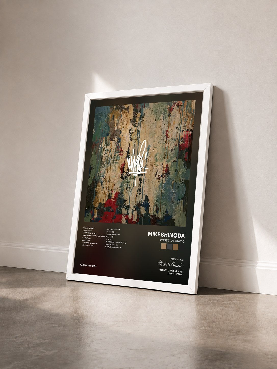 #blanc Tableau de l'album Post Traumatic de Mike Shinoda vu de trois quarts, cadre blanc