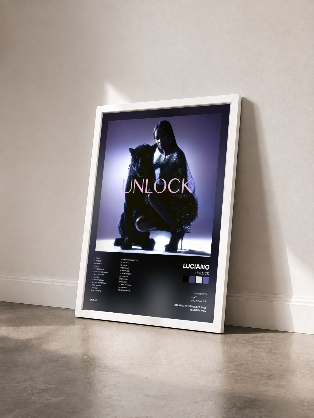 #blanc Tableau de l'album Unlock de Luciano vu de trois quarts, cadre blanc