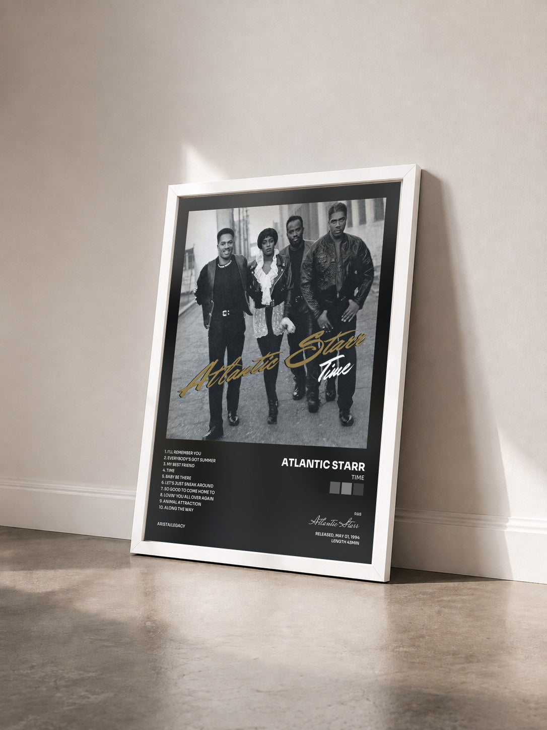 #blanc Tableau de l'album Time de Atlantic Starr vu de trois quarts, cadre blanc