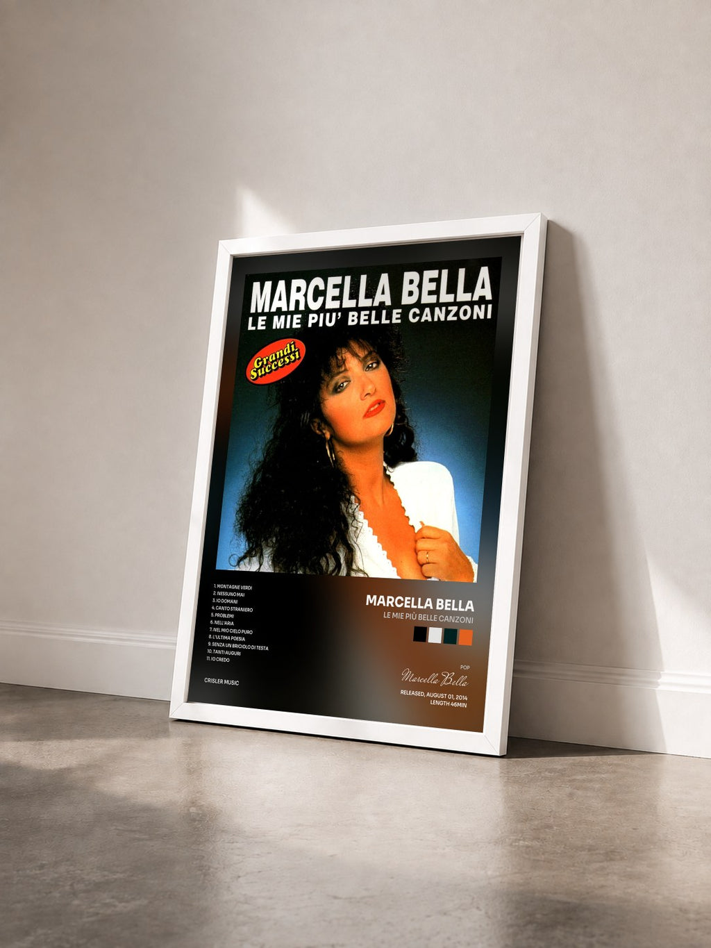 #blanc Tableau de l'album Le mie più belle canzoni de Marcella Bella vu de trois quarts, cadre blanc