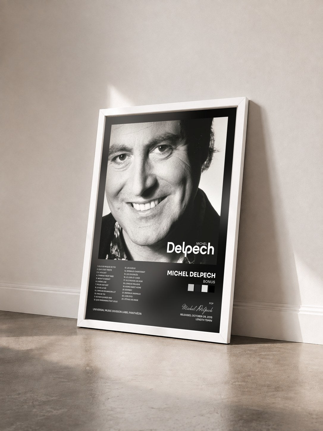 #blanc Tableau de l'album Bonus de Michel Delpech vu de trois quarts, cadre blanc