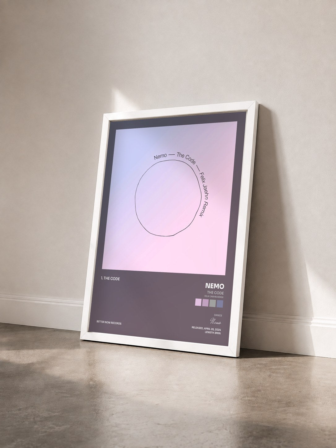 #blanc Tableau de l'album The Code (Felix Jaehn Remix) de Nemo vu de trois quarts, cadre blanc