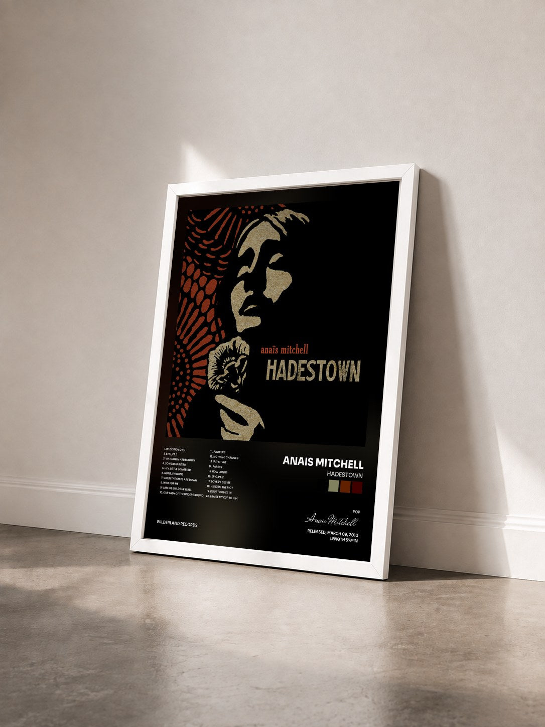 #blanc Tableau de l'album Hadestown de Anais Mitchell vu de trois quarts, cadre blanc