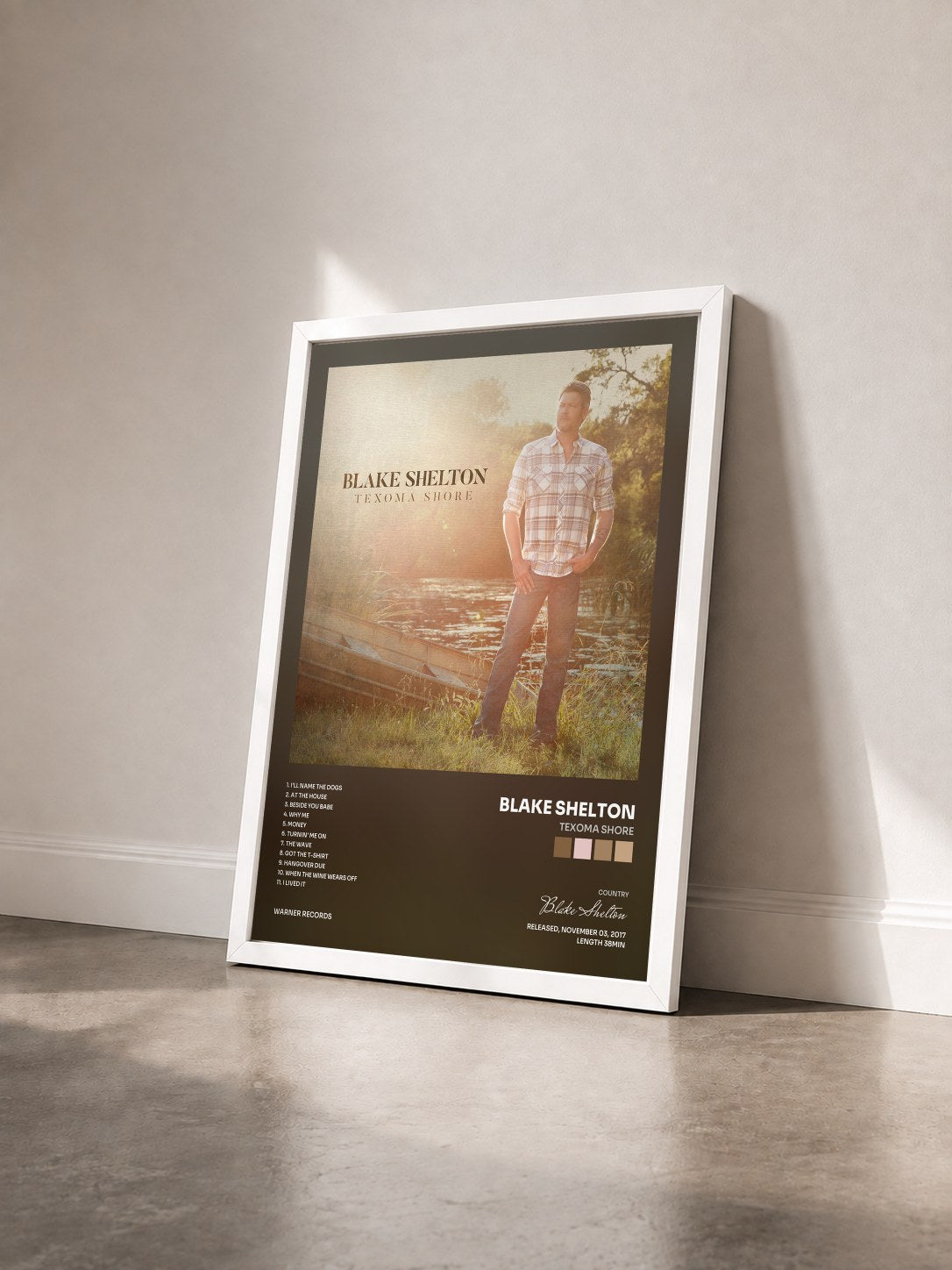 #blanc Tableau de l'album Texoma Shore de Blake Shelton vu de trois quarts, cadre blanc