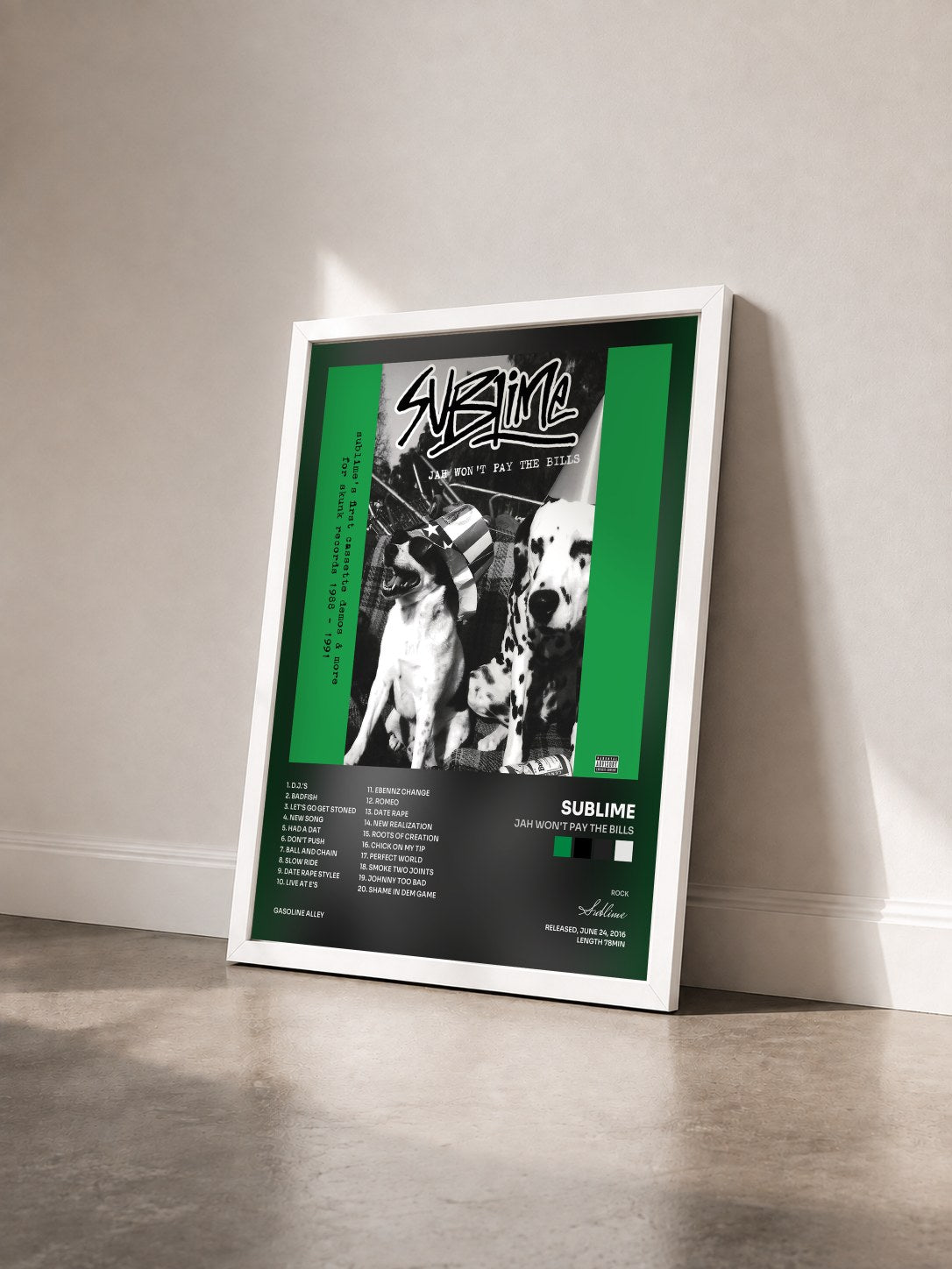 #blanc Tableau de l'album Jah Won't Pay The Bills de Sublime vu de trois quarts, cadre blanc