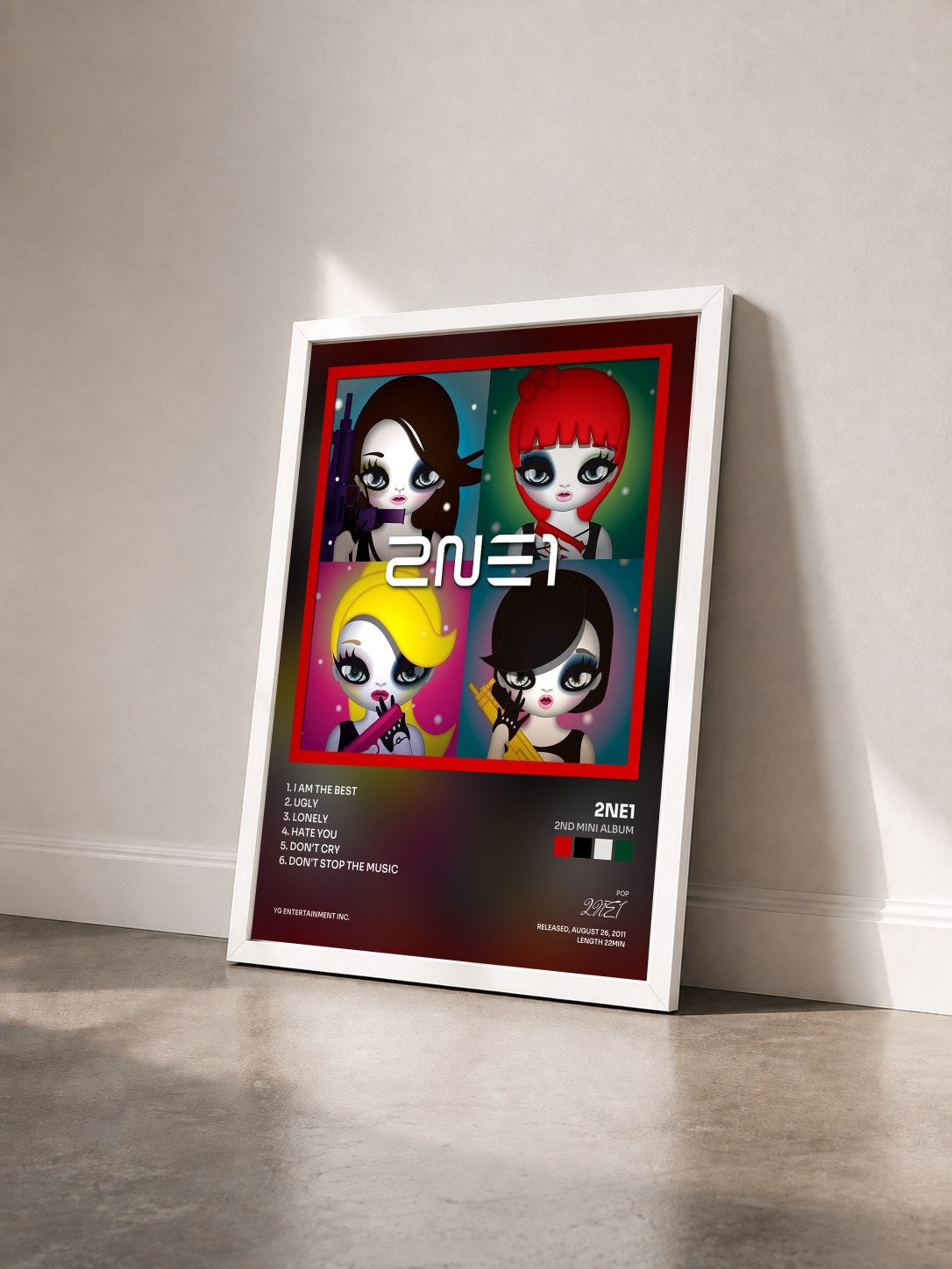 #blanc Tableau de l'album 2nd Mini Album de 2NE1 vu de trois quarts, cadre blanc