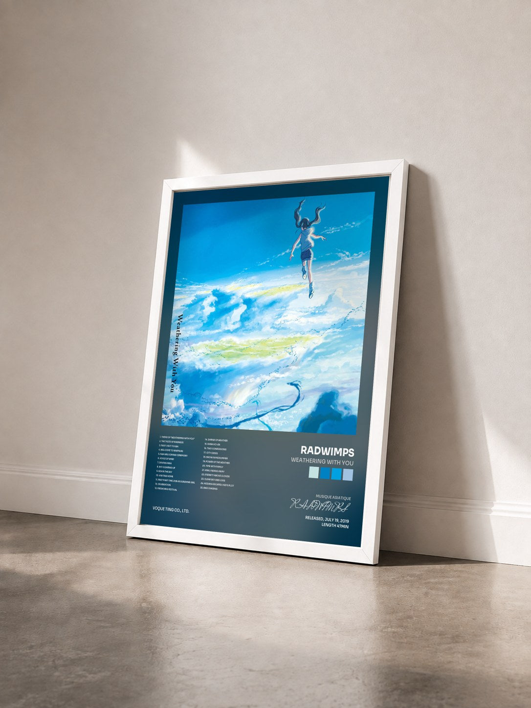 #blanc Tableau de l'album Weathering With You de RADWIMPS vu de trois quarts, cadre blanc
