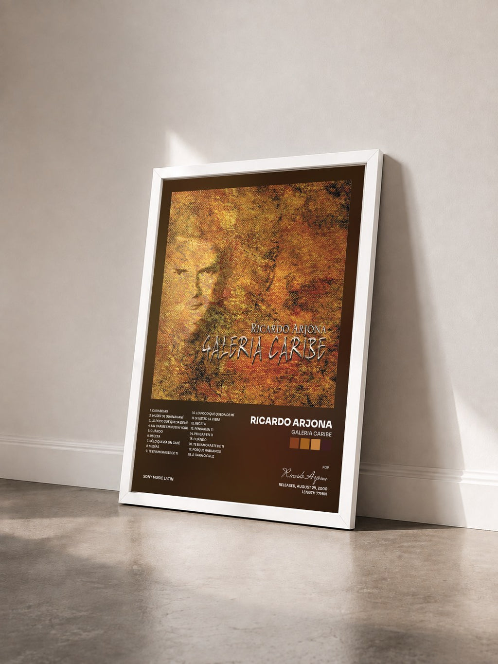 #blanc Tableau de l'album Galeria Caribe de Ricardo Arjona vu de trois quarts, cadre blanc