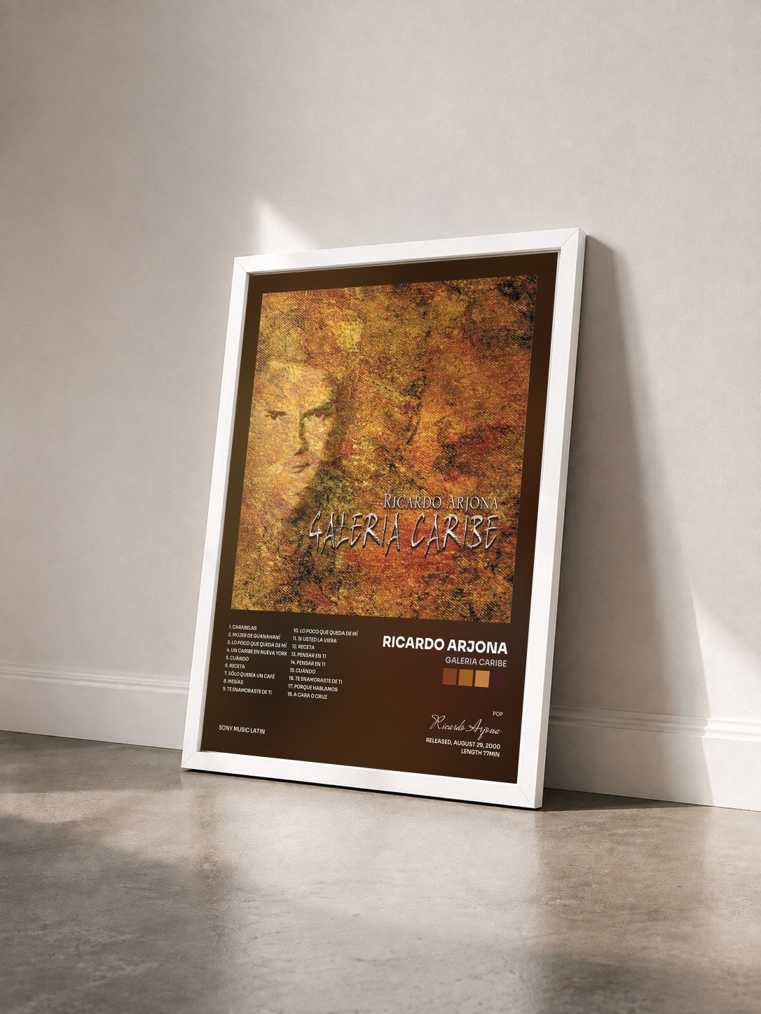 #blanc Tableau de l'album Galeria Caribe de Ricardo Arjona vu de trois quarts, cadre blanc