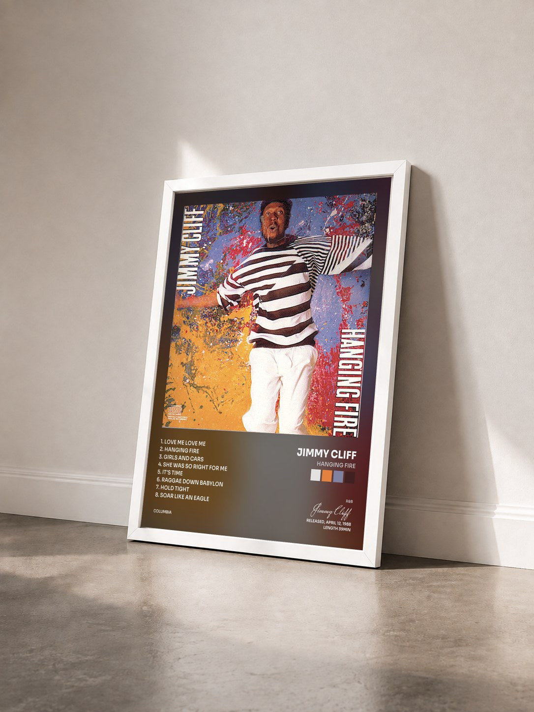 #blanc Tableau de l'album Hanging Fire de Jimmy Cliff vu de trois quarts, cadre blanc