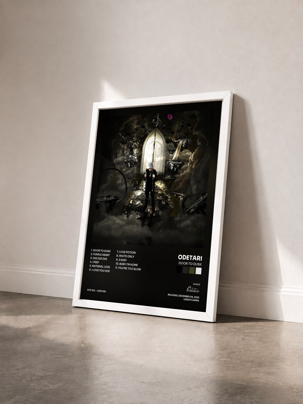 #blanc DOOR TO DUSK by Odetari as a framed art print seen at an angle, white frame