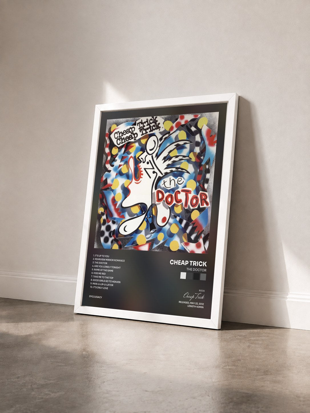 #blanc Tableau de l'album The Doctor de Cheap Trick vu de trois quarts, cadre blanc