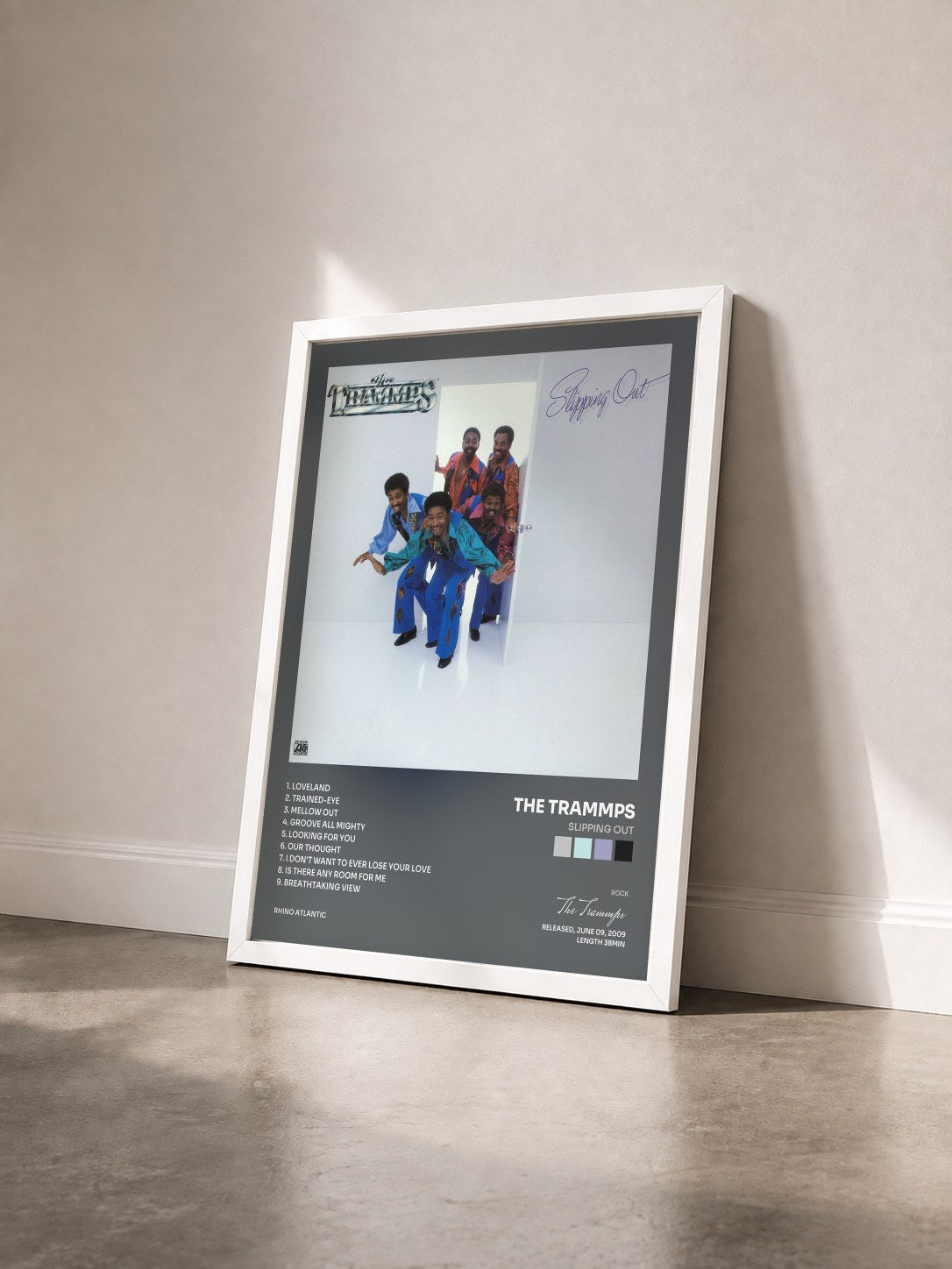 #blanc Tableau de l'album Slipping Out de The Trammps vu de trois quarts, cadre blanc