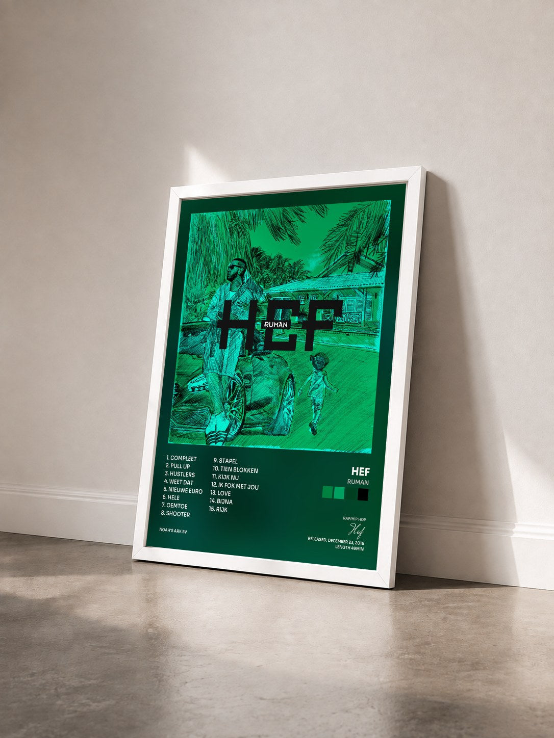 #blanc Tableau de l'album Ruman de Hef vu de trois quarts, cadre blanc