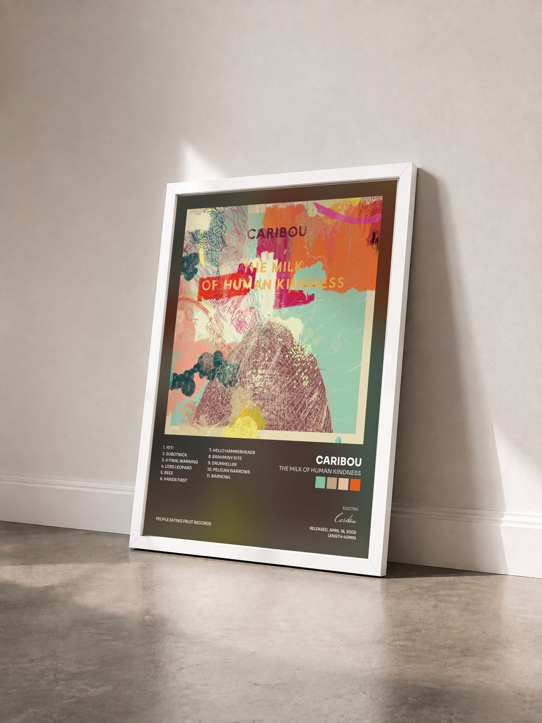 #blanc Tableau de l'album The Milk of Human Kindness de Caribou vu de trois quarts, cadre blanc