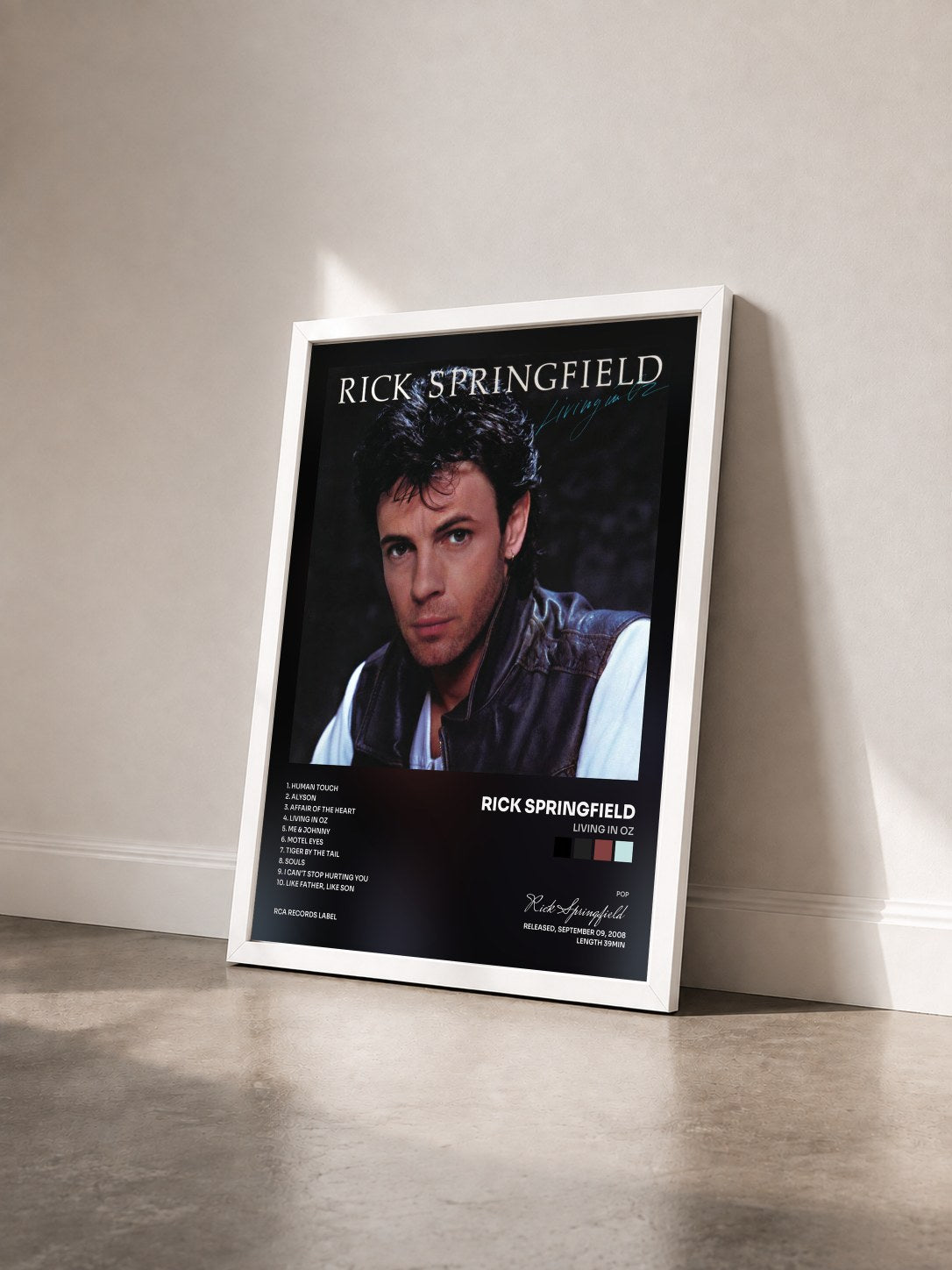 #blanc Tableau de l'album Living In Oz de Rick Springfield vu de trois quarts, cadre blanc