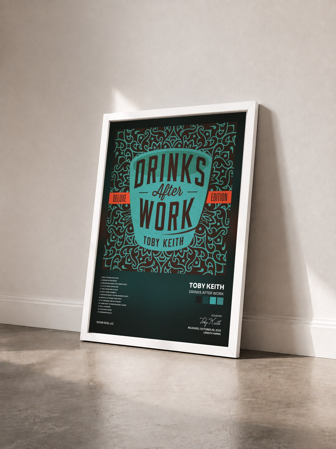 #blanc Tableau de l'album Drinks After Work de Toby Keith vu de trois quarts, cadre blanc