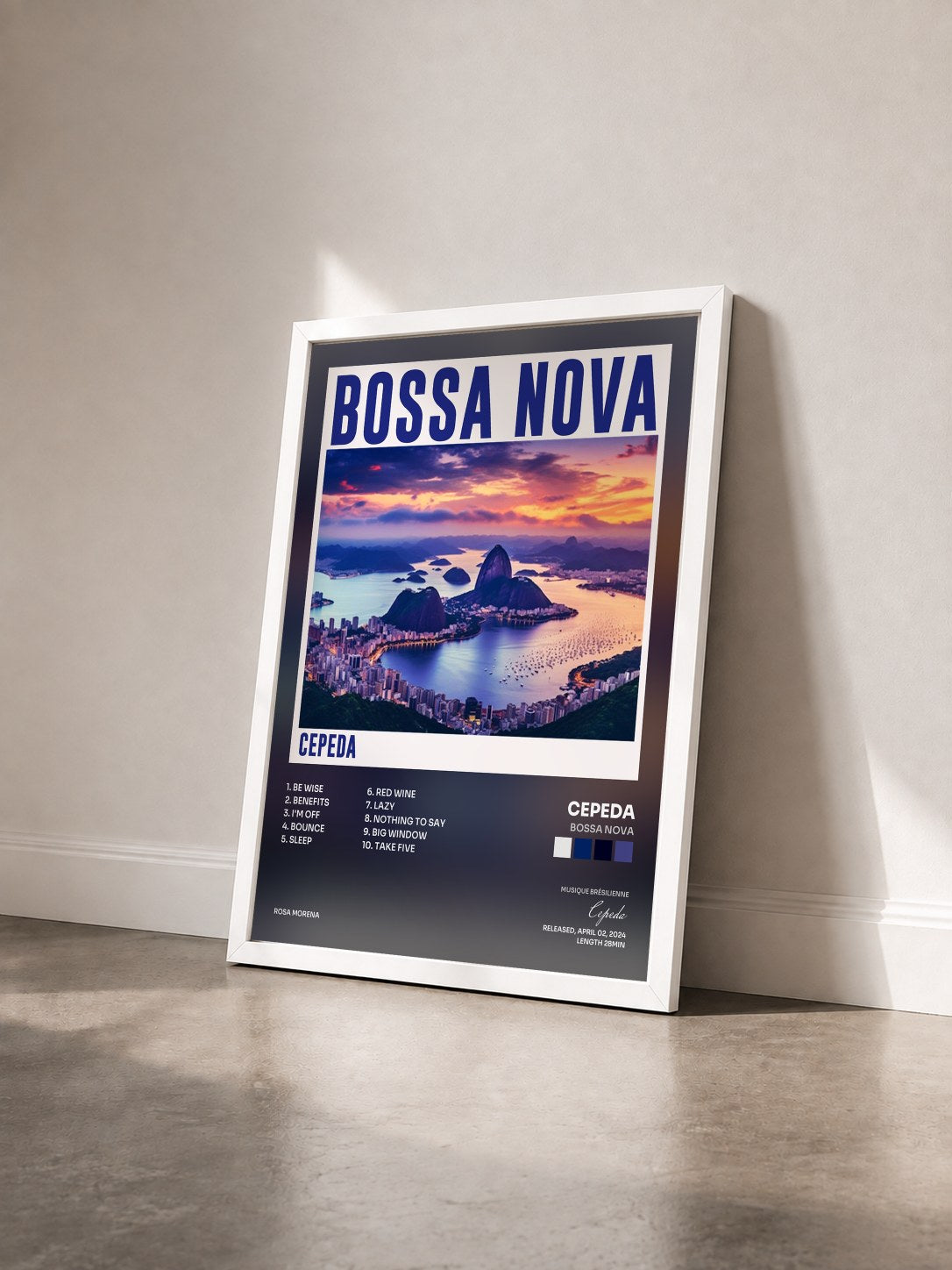 #blanc Tableau de l'album Bossa Nova de Cepeda vu de trois quarts, cadre blanc