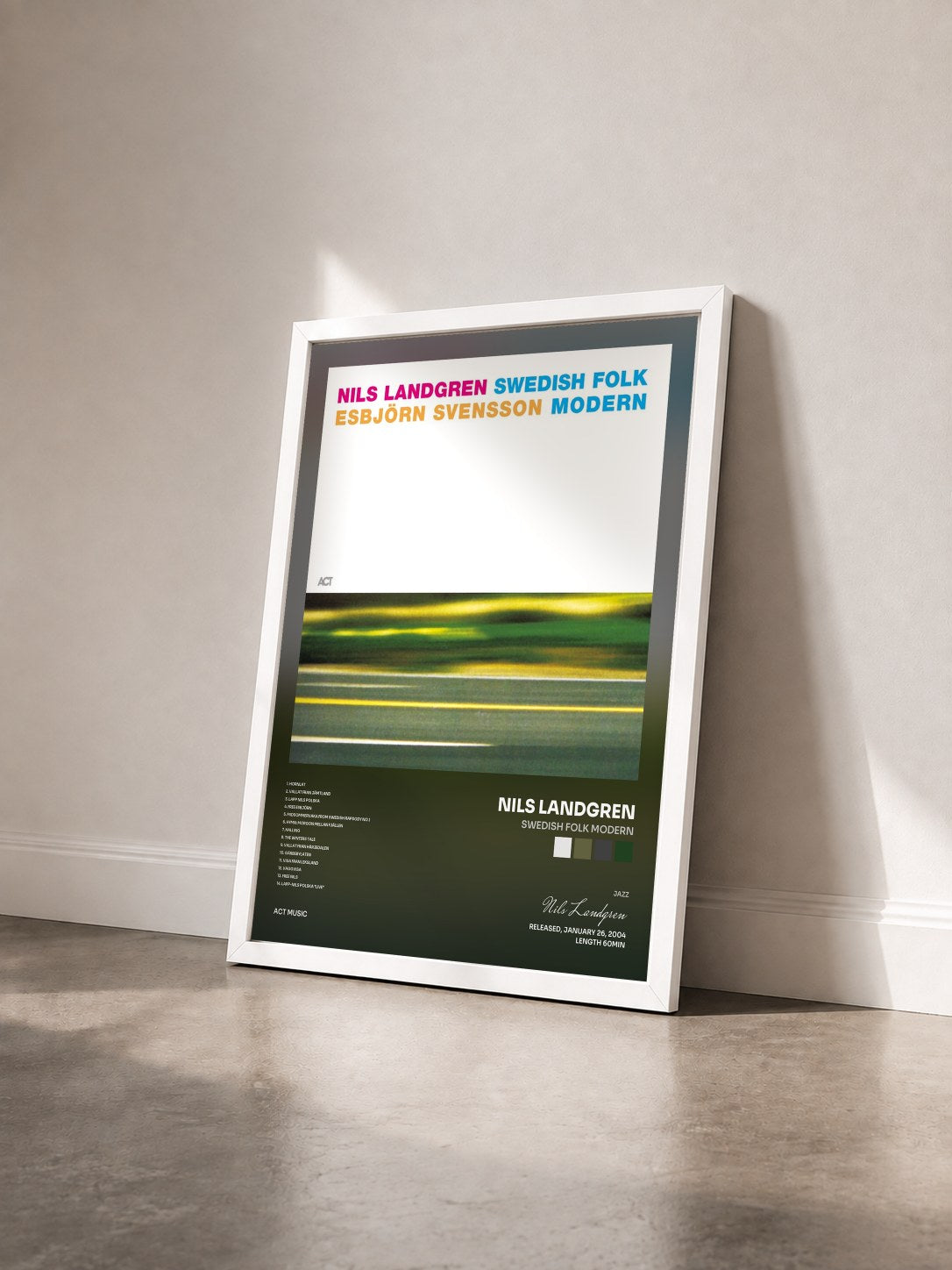 #blanc Tableau de l'album Swedish Folk Modern de Nils Landgren vu de trois quarts, cadre blanc