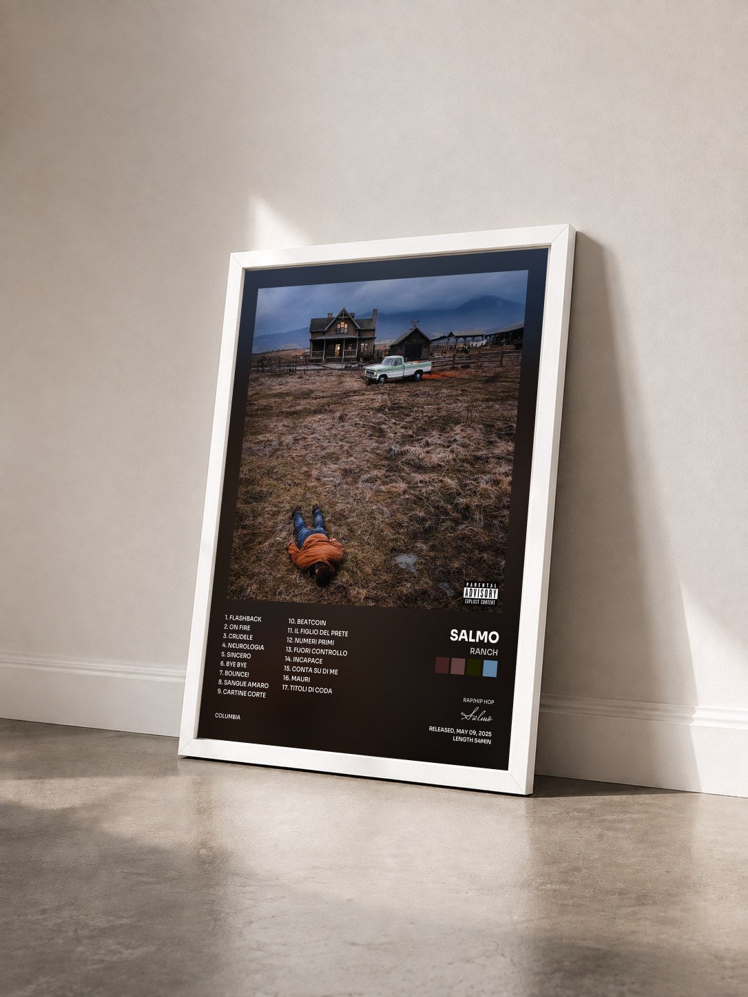 #blanc Tableau de l'album RANCH de Salmo vu de trois quarts, cadre blanc