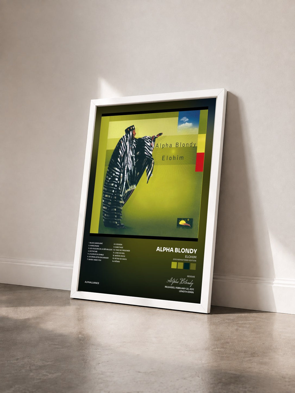 #blanc Tableau de l'album Elohim (2010 Remastered Edition) de Alpha Blondy vu de trois quarts, cadre blanc