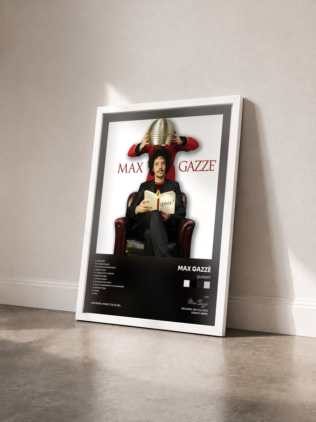 #blanc Tableau de l'album Quindi? de Max Gazzè vu de trois quarts, cadre blanc