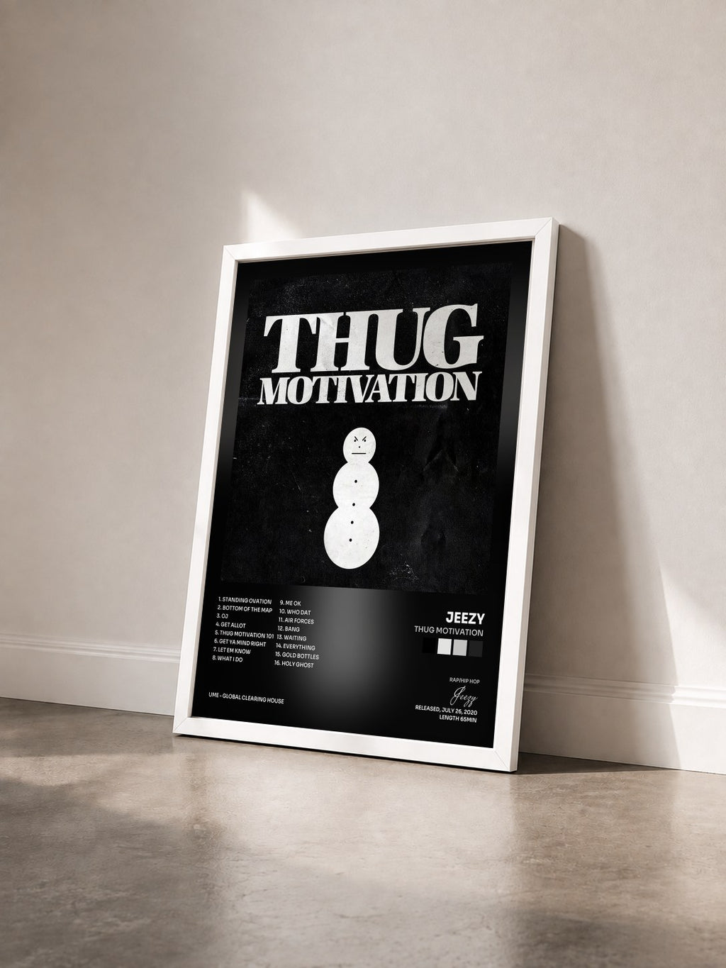#blanc Tableau de l'album Thug Motivation de Jeezy vu de trois quarts, cadre blanc