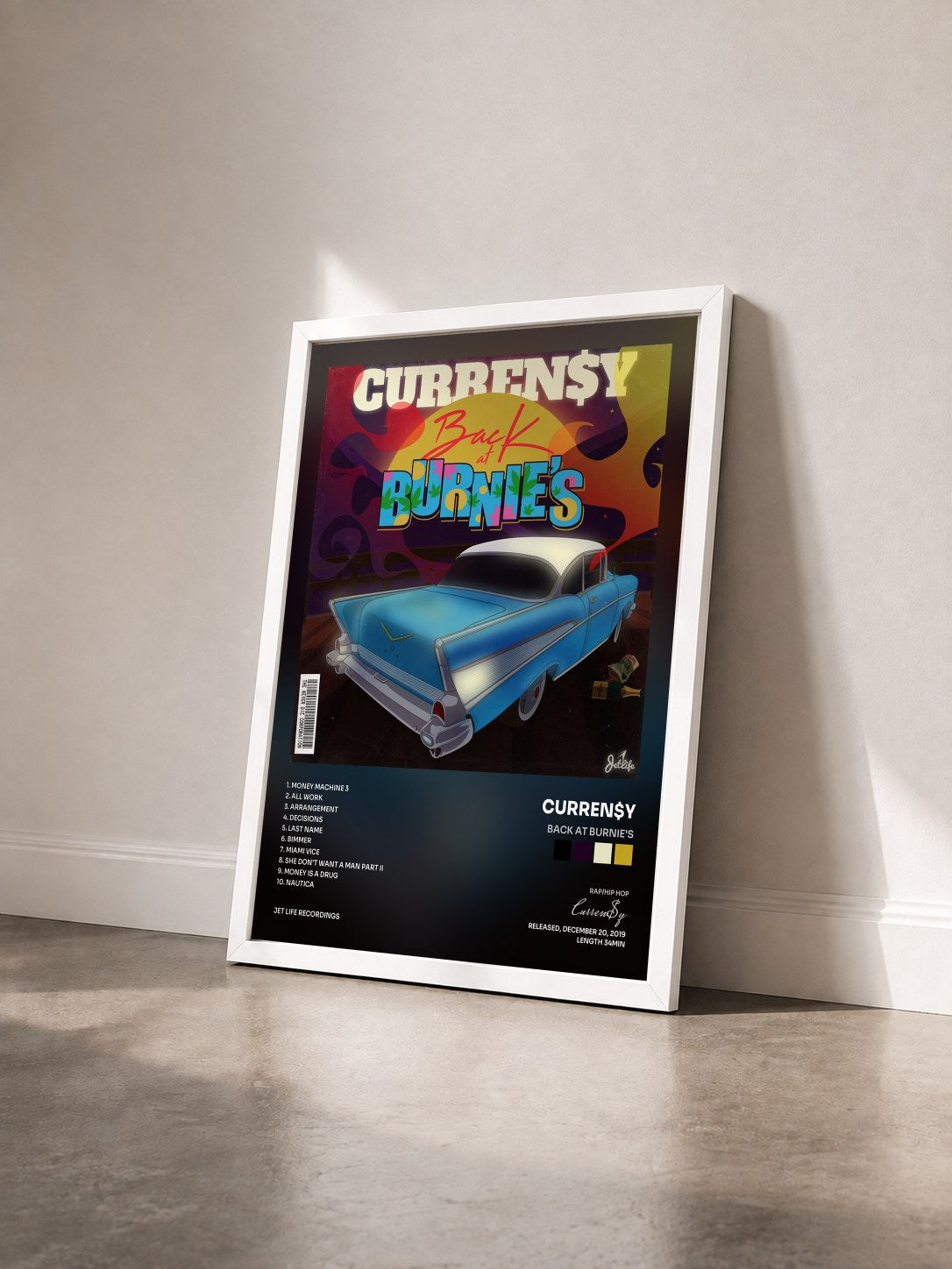 #blanc Tableau de l'album Back at Burnie's de Curren$y vu de trois quarts, cadre blanc
