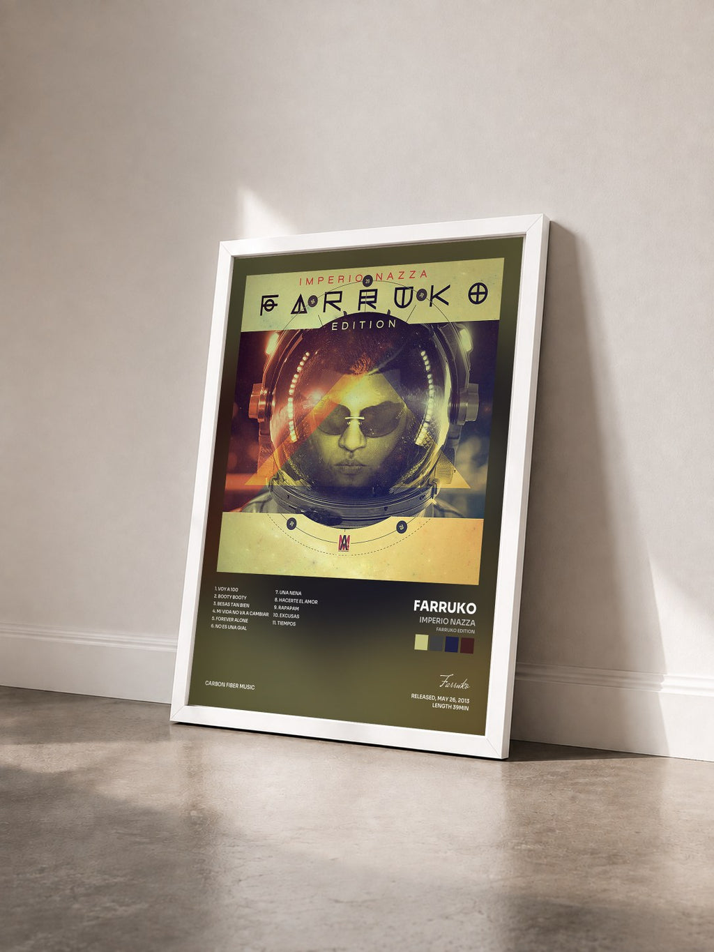 #blanc Tableau de l'album Imperio Nazza (Farruko Edition) de Farruko vu de trois quarts, cadre blanc