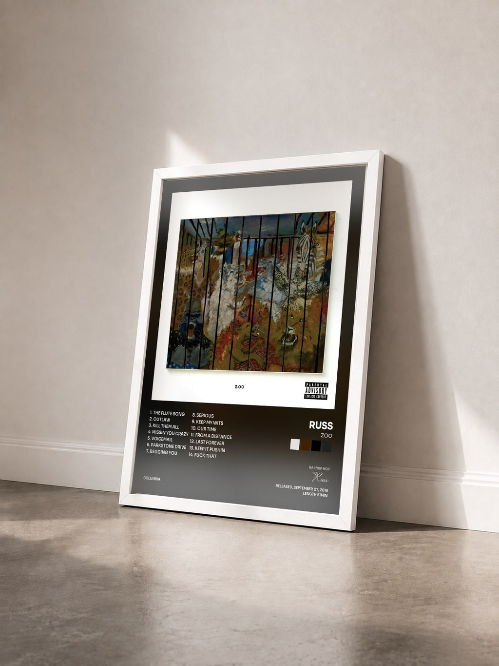 #blanc Tableau de l'album ZOO de Russ vu de trois quarts, cadre blanc